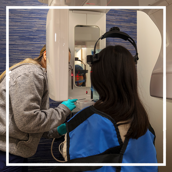 Tweezers placing a dental bridge on a model of the mouth with two dental implants