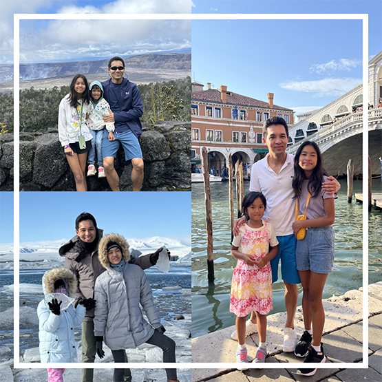 Collage featuring Doctor Kham on vacation with his family